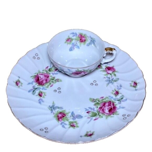 Bone China • Tea Cup & Snack Tray • Pink Purple Green • Gold Trim • Marked AACO - Picture 1 of 12